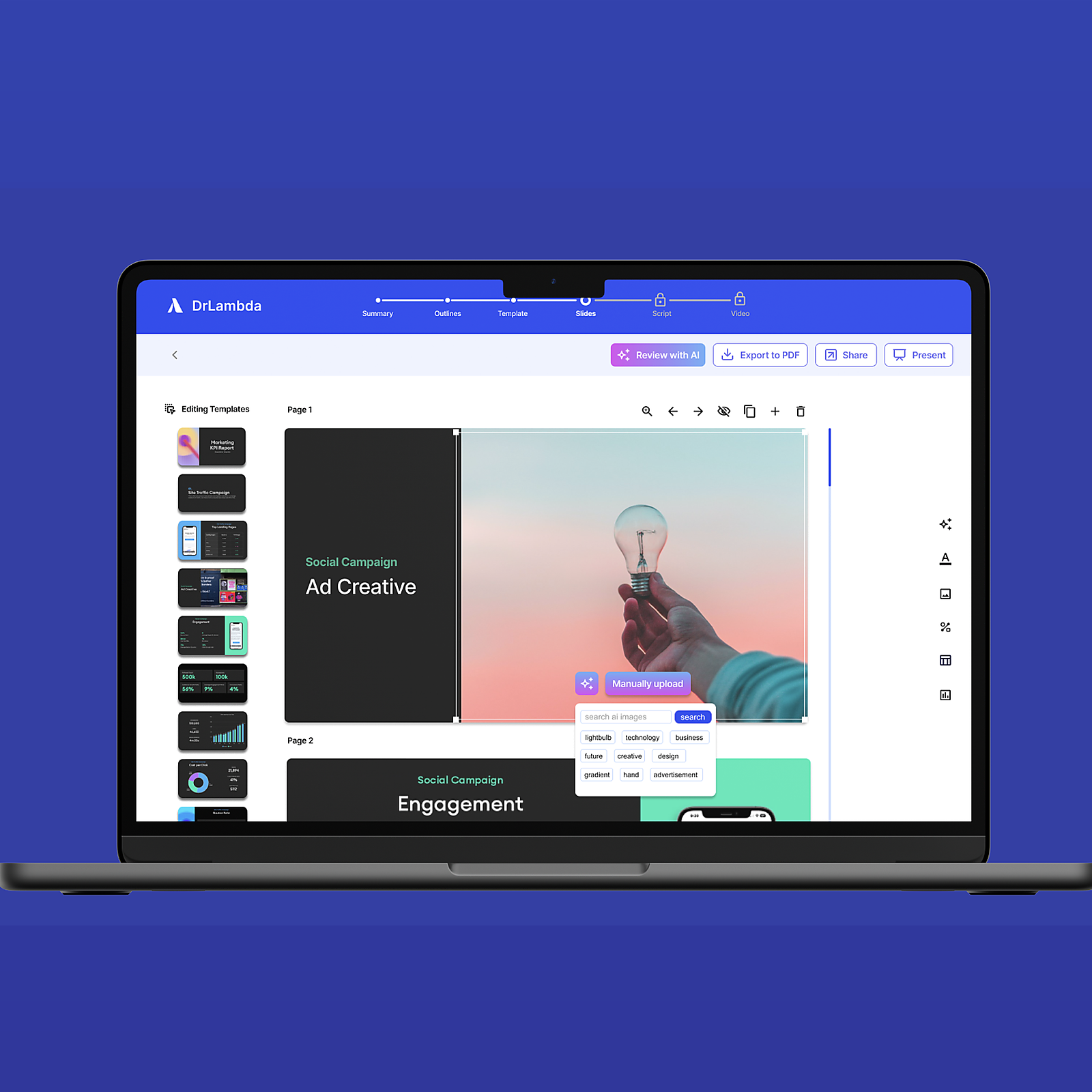 DrLambda AI creation workspace prototype